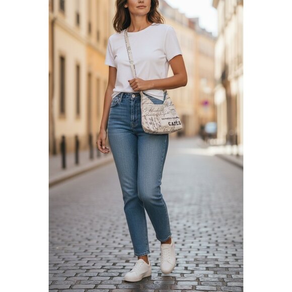 Handmade Canvas Shoulder Bag With Script Print Text  12" X 9"  Multiple Inner Po - Picture 2 of 7